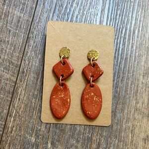 Handmade Polymer Clay Pierced Rust/Terracotta Red Gold Dangle Earrings- women’s